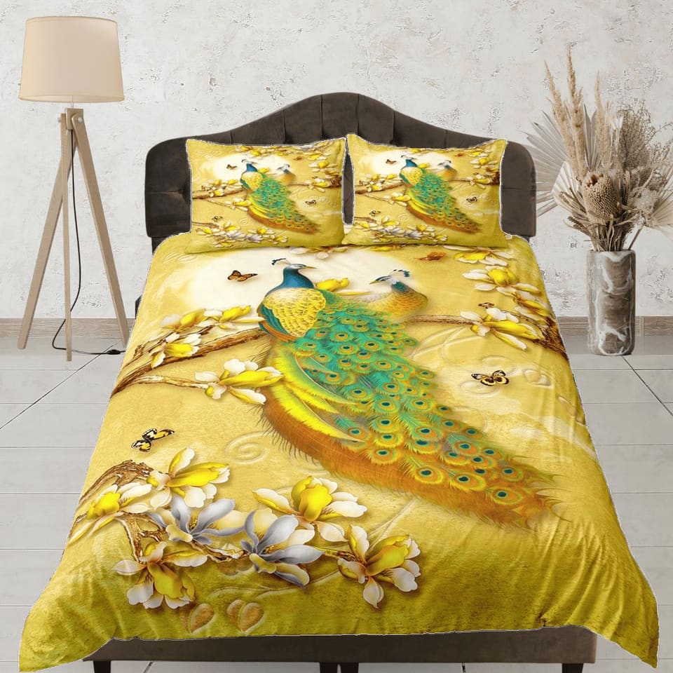 Golden bedding with peacock decor aesthetic duvet cover set full, luxury bedding set queen, king, boho duvet, designer bed…