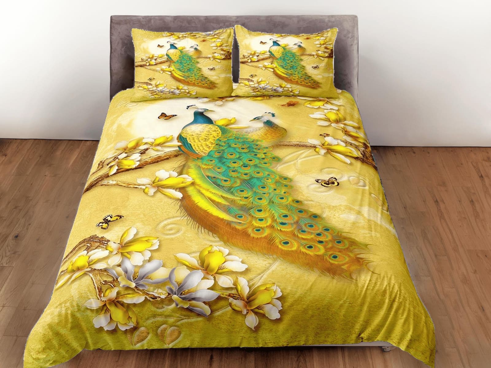 Golden bedding with peacock decor aesthetic duvet cover set full, luxury bedding set queen, king, boho duvet, designer bed…