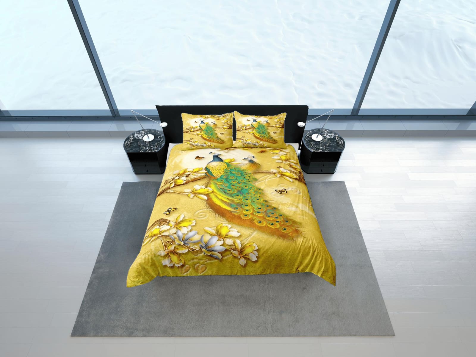 Golden bedding with peacock decor aesthetic duvet cover set full, luxury bedding set queen, king, boho duvet, designer bed…