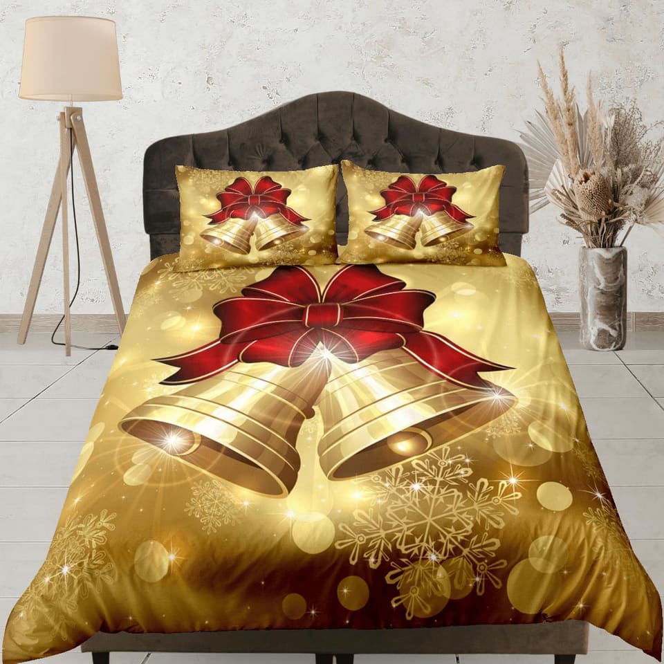 Golden bells Christmas bedding & pillowcase holiday gift duvet cover king queen full twin toddler bedding baby Christmas f…