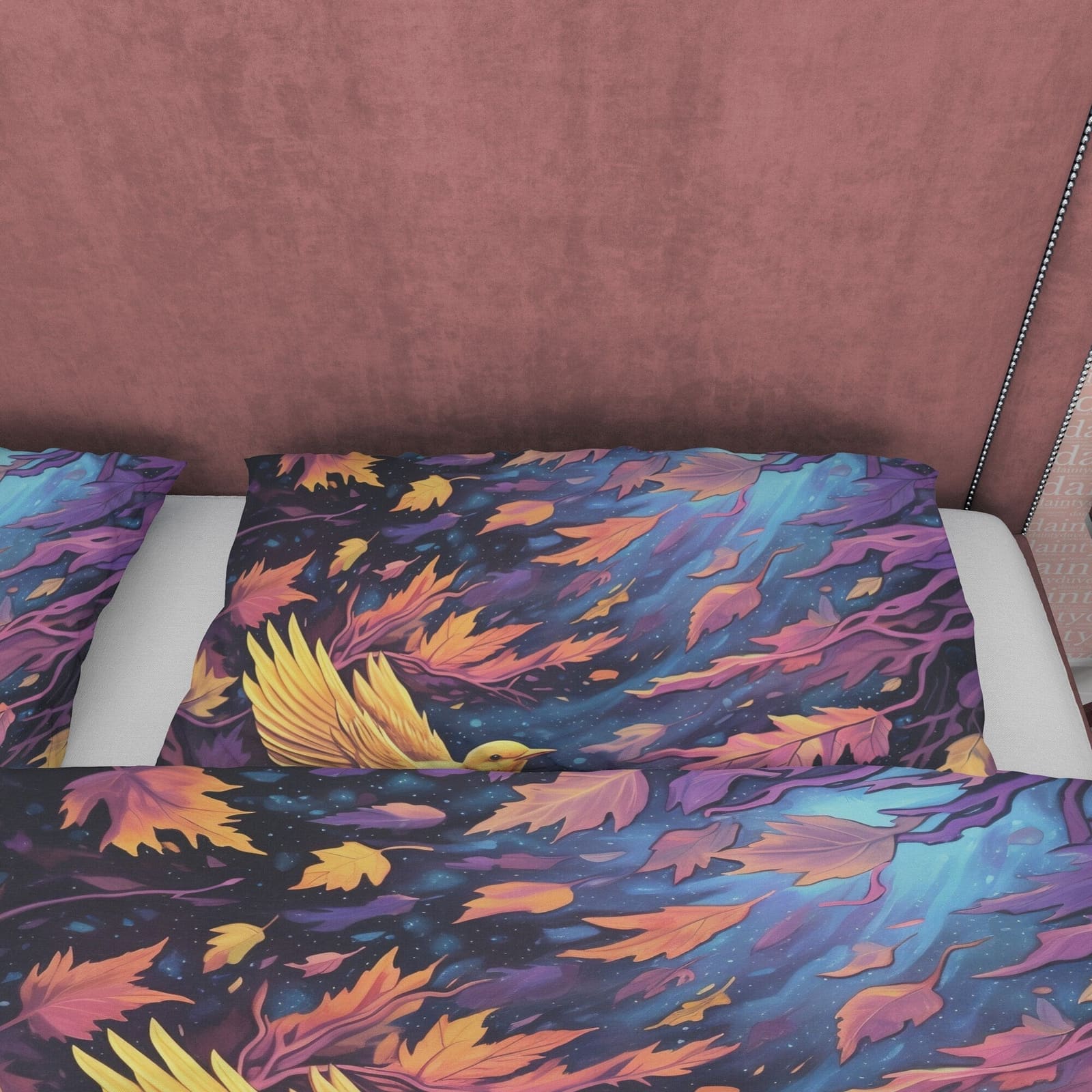 Golden Bird Fall Duvet Cover Falling Leaf Bedding Set, Warm Autumn Color Printed Quilt Cover, Foliage Bedspread, Windy Nig…