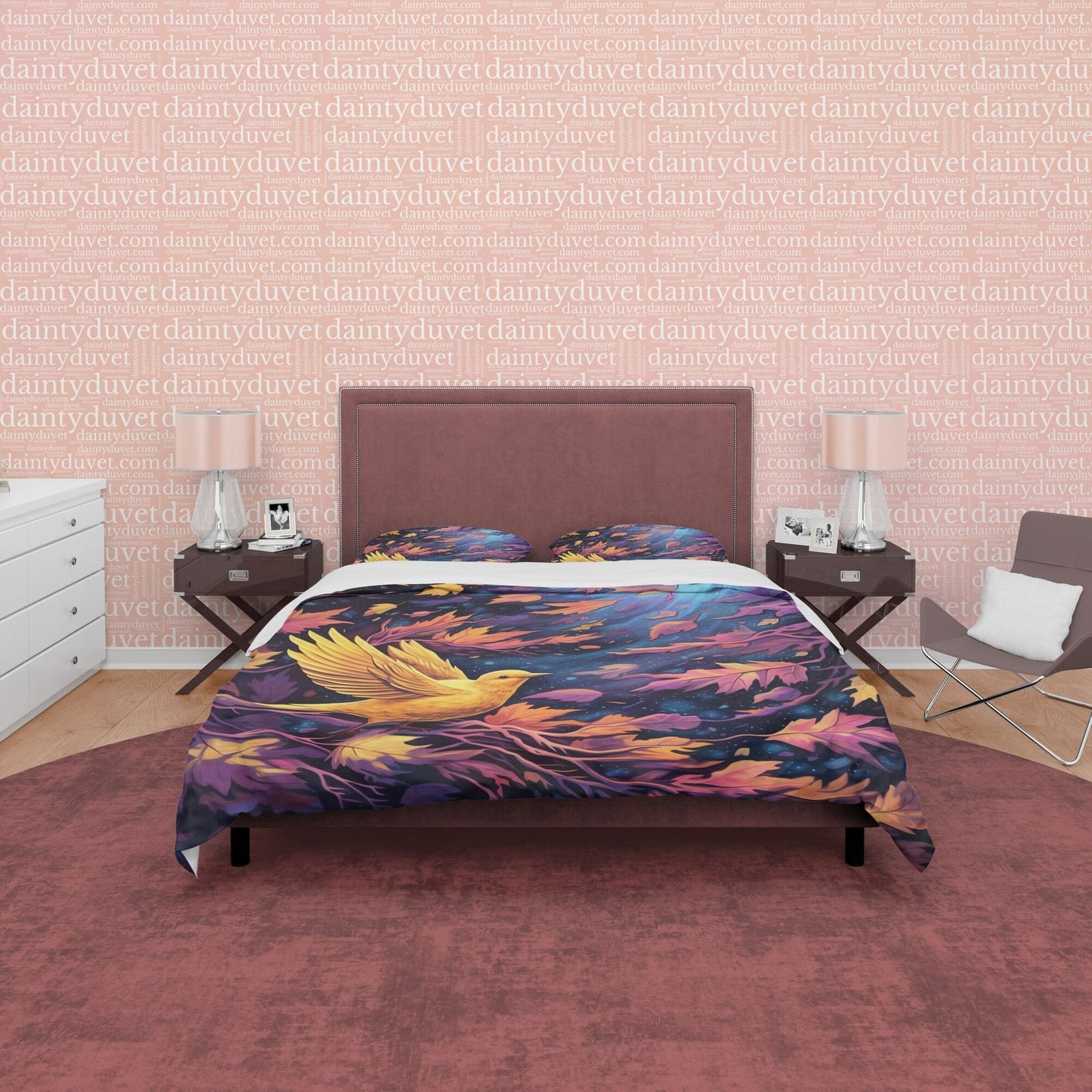 Golden Bird Fall Duvet Cover Falling Leaf Bedding Set, Warm Autumn Color Printed Quilt Cover, Foliage Bedspread, Windy Nig…