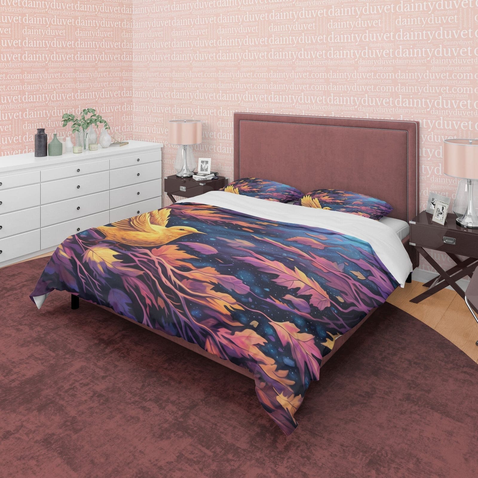 Golden Bird Fall Duvet Cover Falling Leaf Bedding Set, Warm Autumn Color Printed Quilt Cover, Foliage Bedspread, Windy Nig…