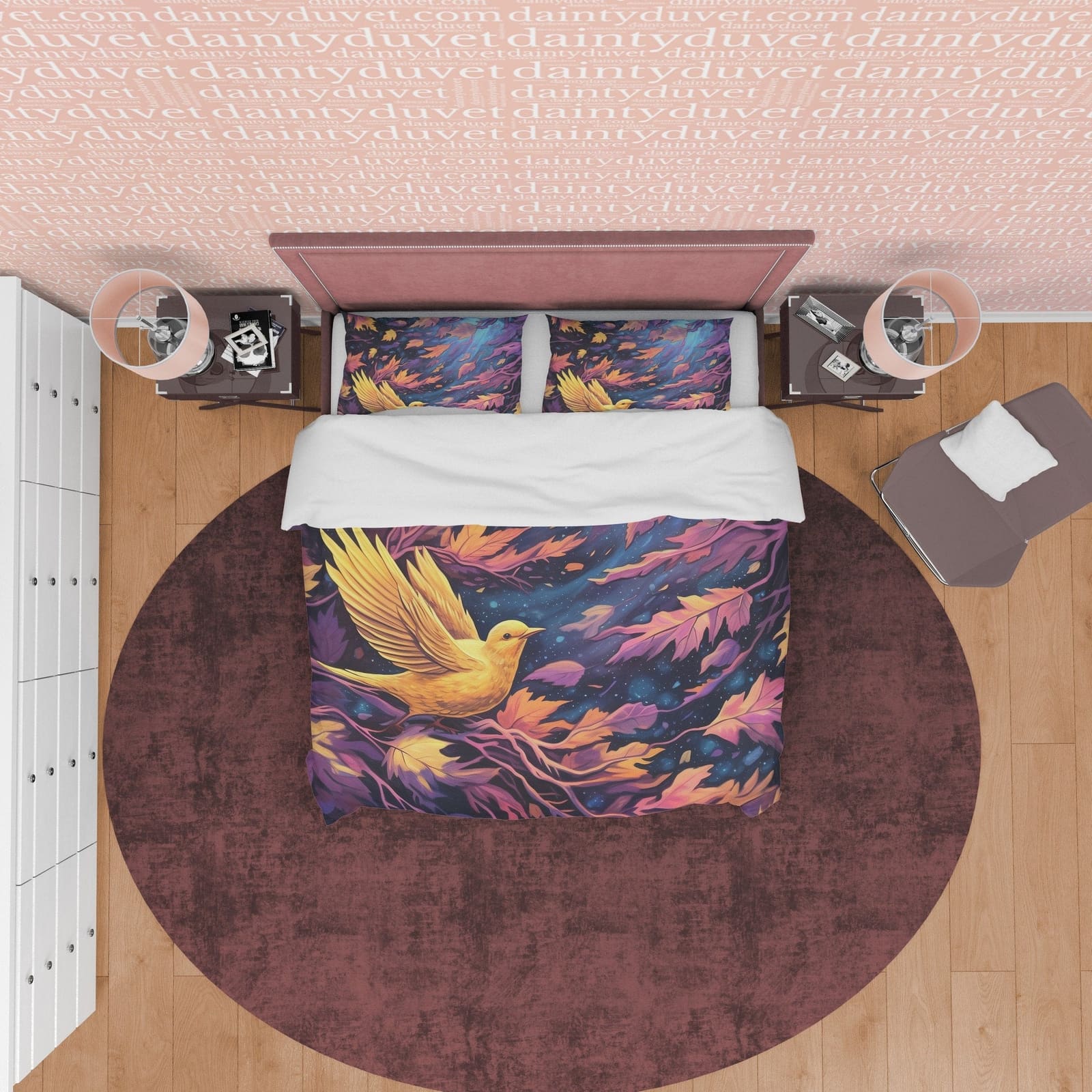 Golden Bird Fall Duvet Cover Falling Leaf Bedding Set, Warm Autumn Color Printed Quilt Cover, Foliage Bedspread, Windy Nig…