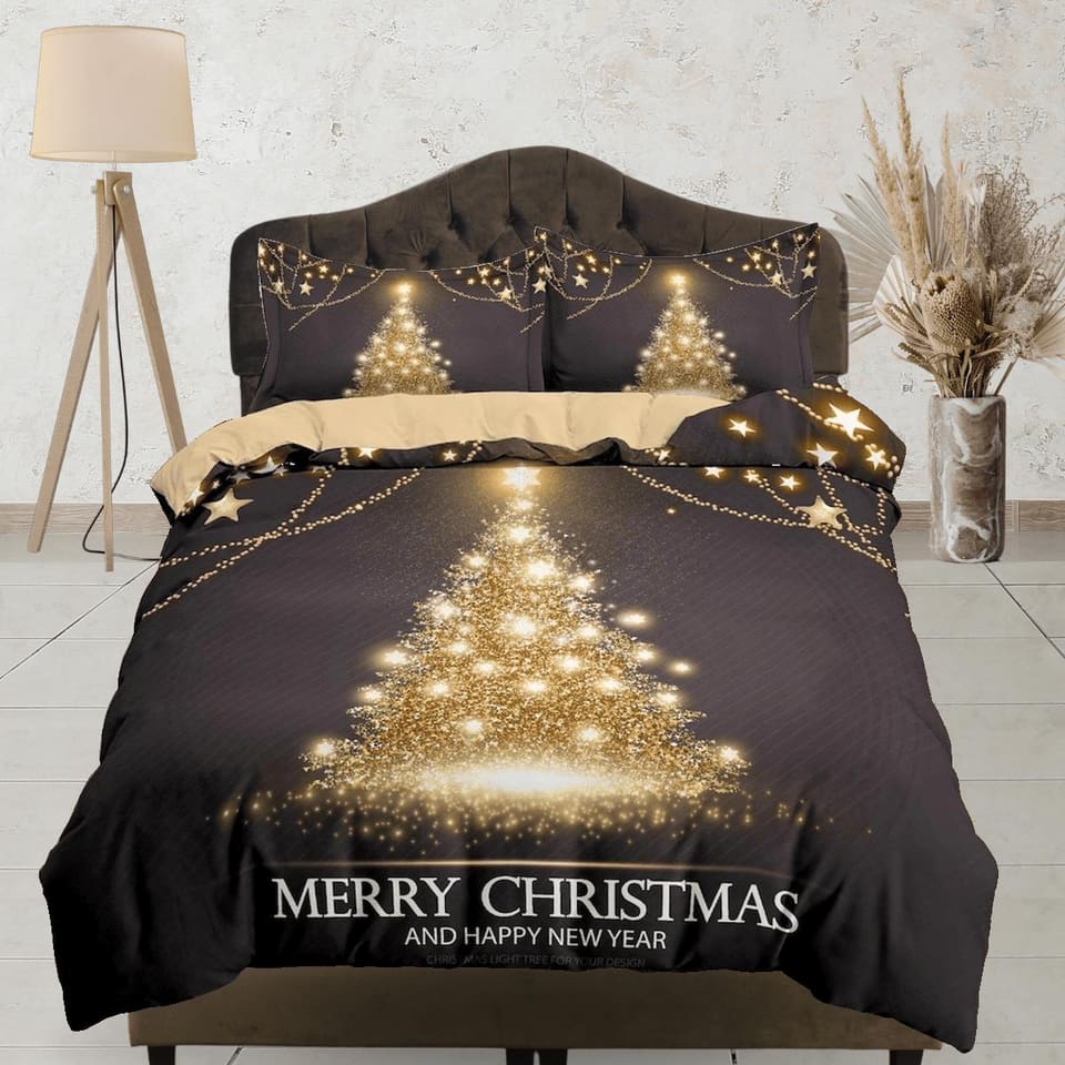 Golden Christmas tree bedding & pillowcase holiday gift duvet cover king queen full twin toddler bedding baby Christmas fa…