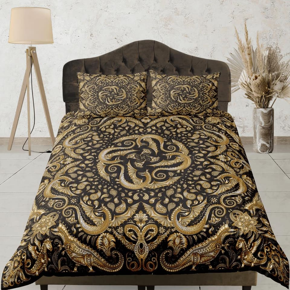 Golden dragon luxury duvet cover boho bedding set full, queen, king, dorm bedding, aesthetic room decor mandala bedspread…
