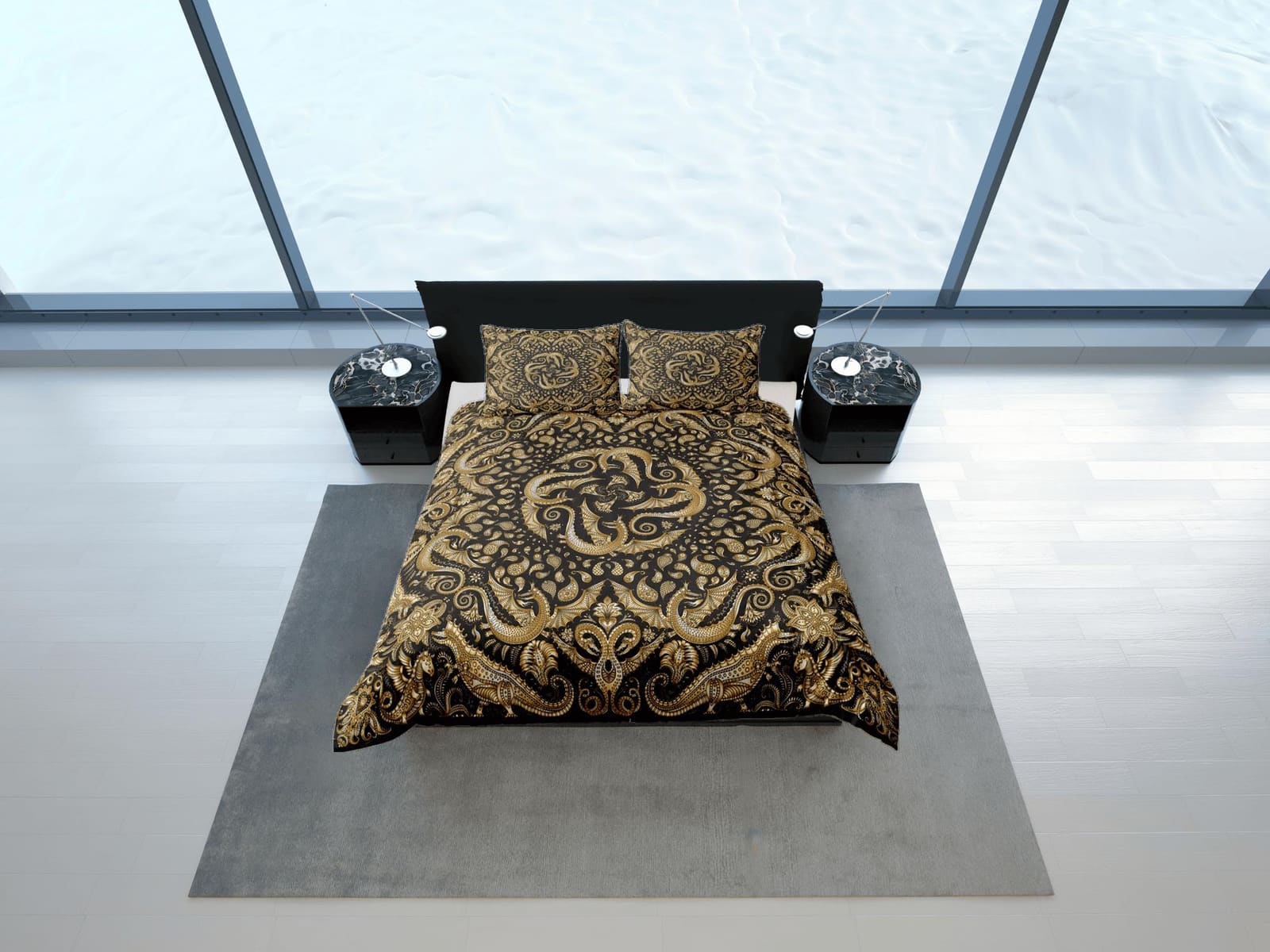 Golden dragon luxury duvet cover boho bedding set full, queen, king, dorm bedding, aesthetic room decor mandala bedspread…