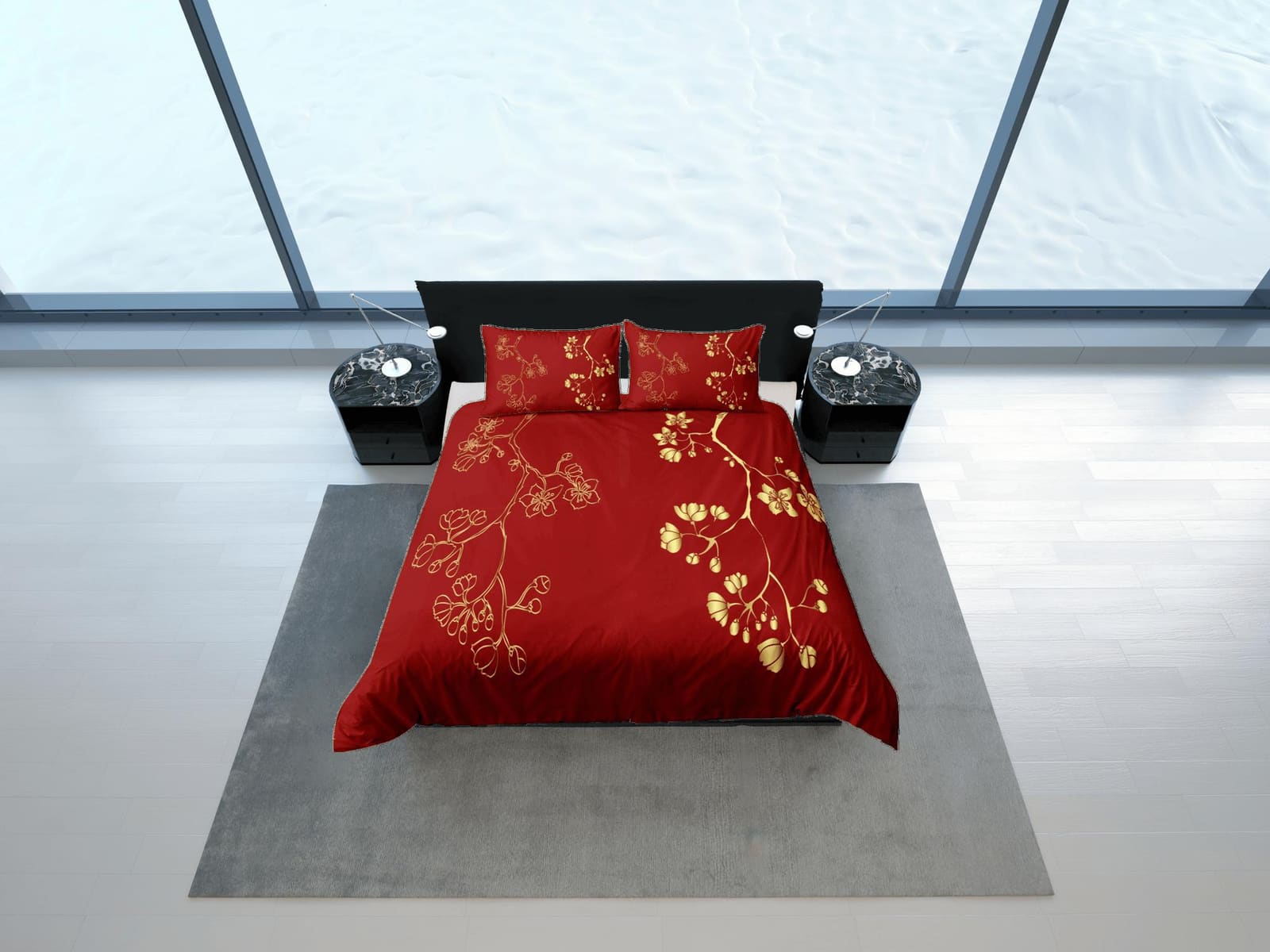 Golden Floral Red Duvet Cover Set Bedspread, Dorm Bedding with Pillowcase