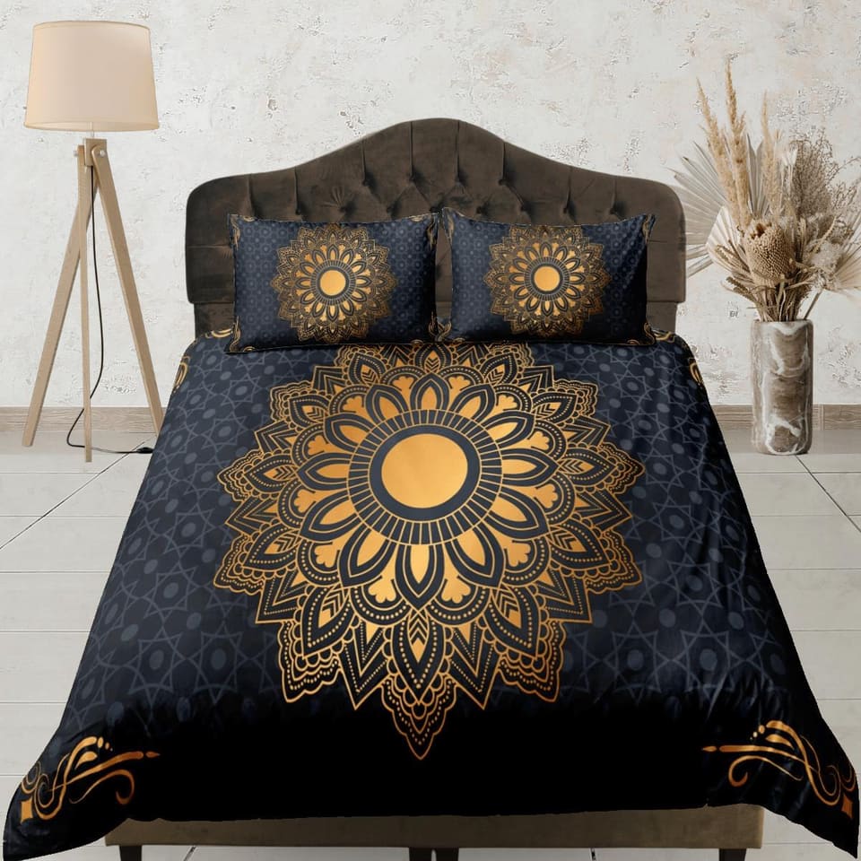 Golden lantern mandala black duvet cover boho bedding set full, queen, king, dorm bedding, aesthetic decor indian bedsprea…