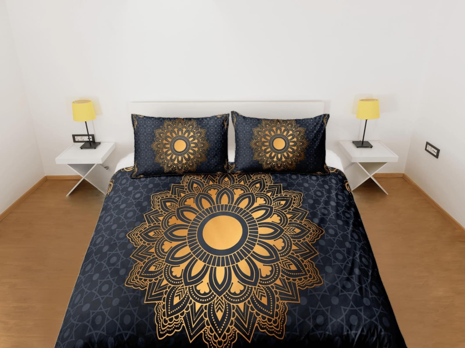 Golden lantern mandala black duvet cover boho bedding set full, queen, king, dorm bedding, aesthetic decor indian bedsprea…