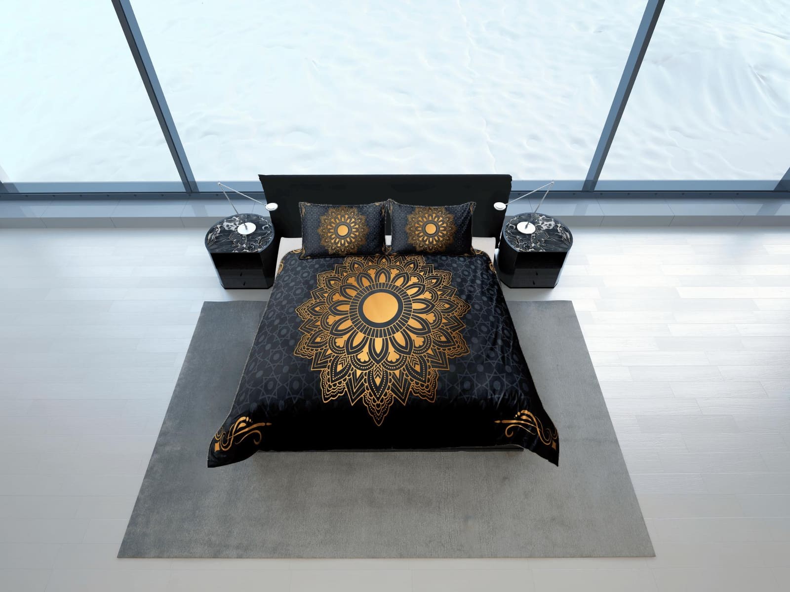 Golden lantern mandala black duvet cover boho bedding set full, queen, king, dorm bedding, aesthetic decor indian bedsprea…