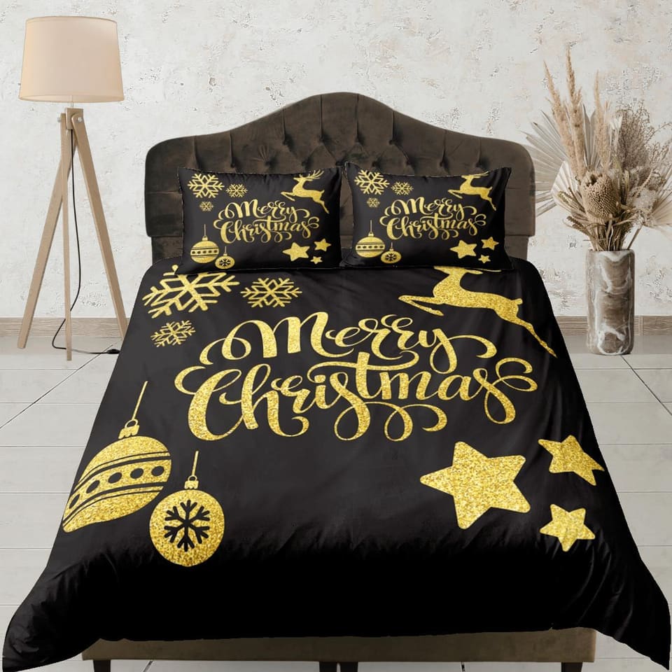 Golden Merry Christmas bedding & pillowcase holiday gift black duvet cover king queen twin toddler bedding baby Christmas…