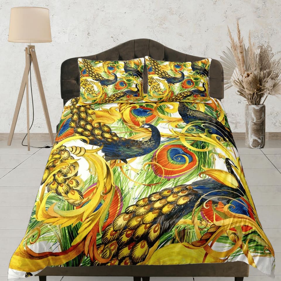 Golden peacock decor aesthetic bedding set full, luxury duvet cover queen, king, boho duvet, designer bedding, maximalist…