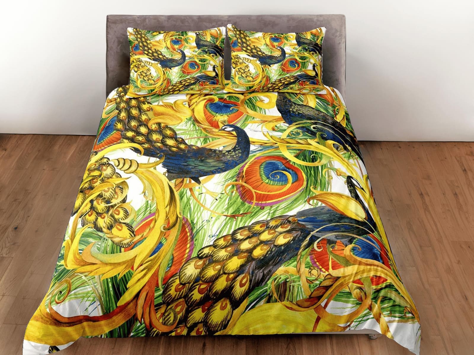 Golden peacock decor aesthetic bedding set full, luxury duvet cover queen, king, boho duvet, designer bedding, maximalist…