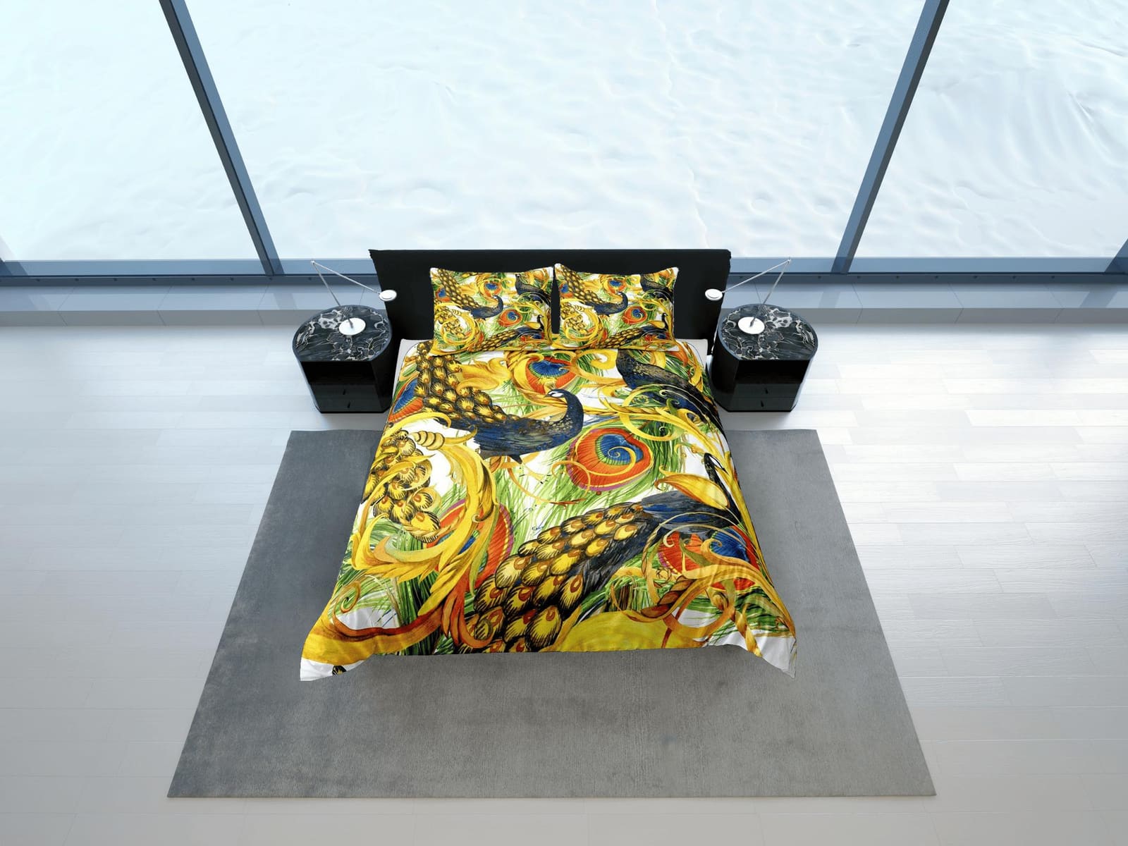 Golden peacock decor aesthetic bedding set full, luxury duvet cover queen, king, boho duvet, designer bedding, maximalist…