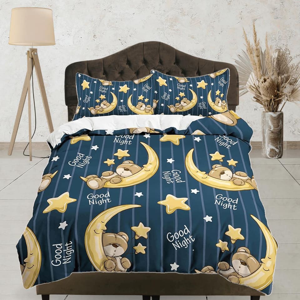 Good Night Teddy Bear Bedding, Duvet Cover Set & Pillowcase, Zipper Bedding, Dorm Bedding, Teens Adult Duvet King Queen Fu…