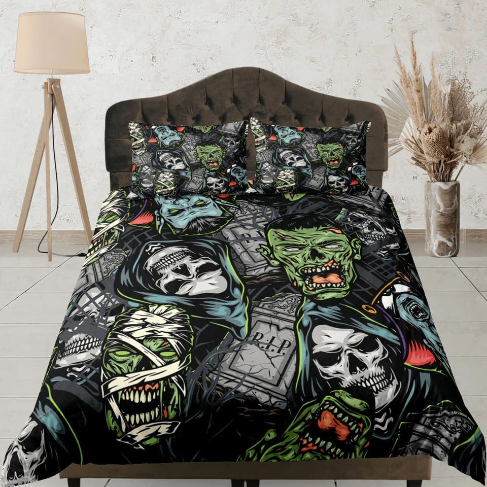 Gory horror zombie and skull faces halloween bedding & pillowcase, duvet cover, dorm bedding, goth decor toddler bedding,…