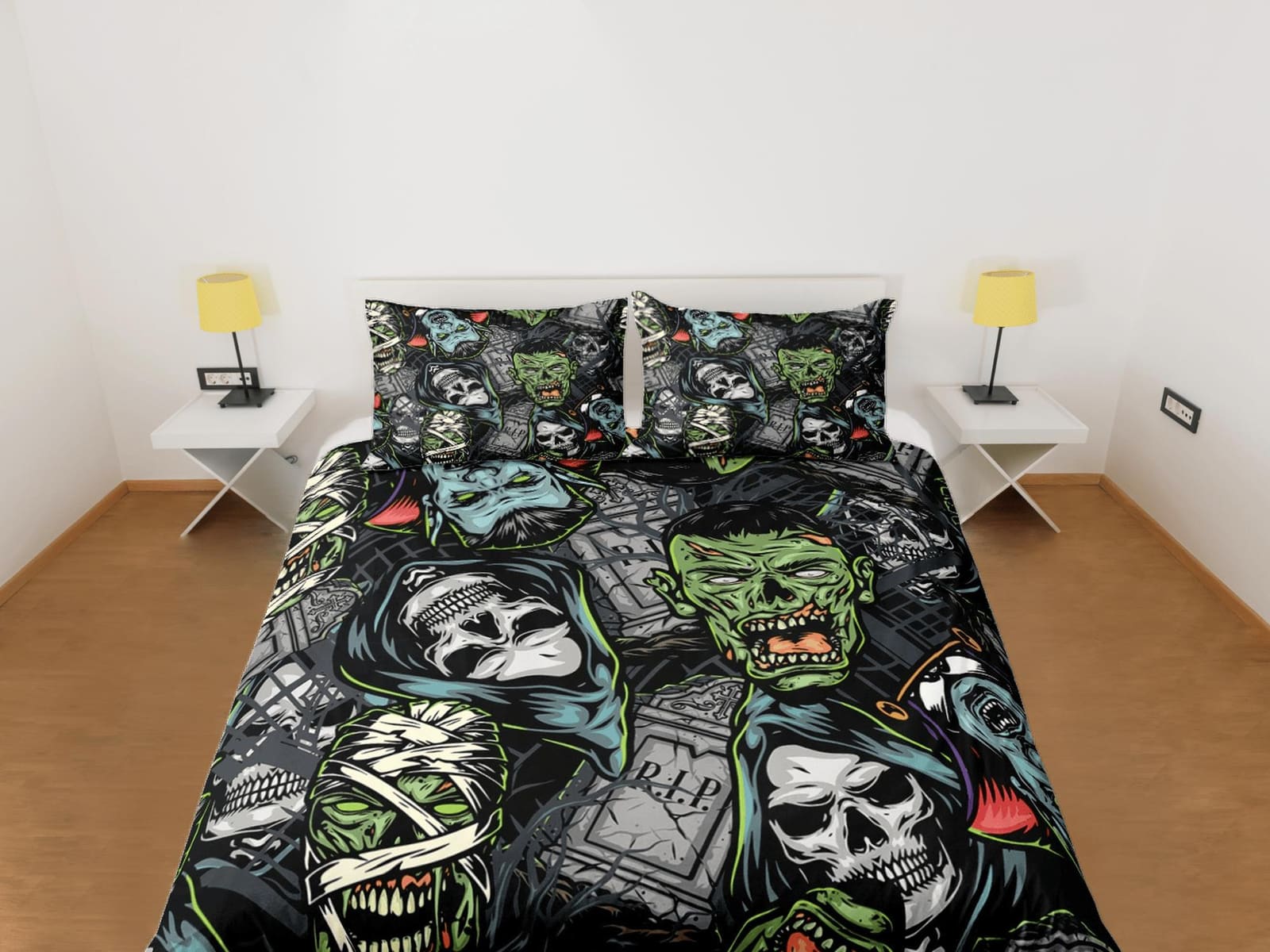 Gory horror zombie and skull faces halloween bedding & pillowcase, duvet cover, dorm bedding, goth decor toddler bedding,…