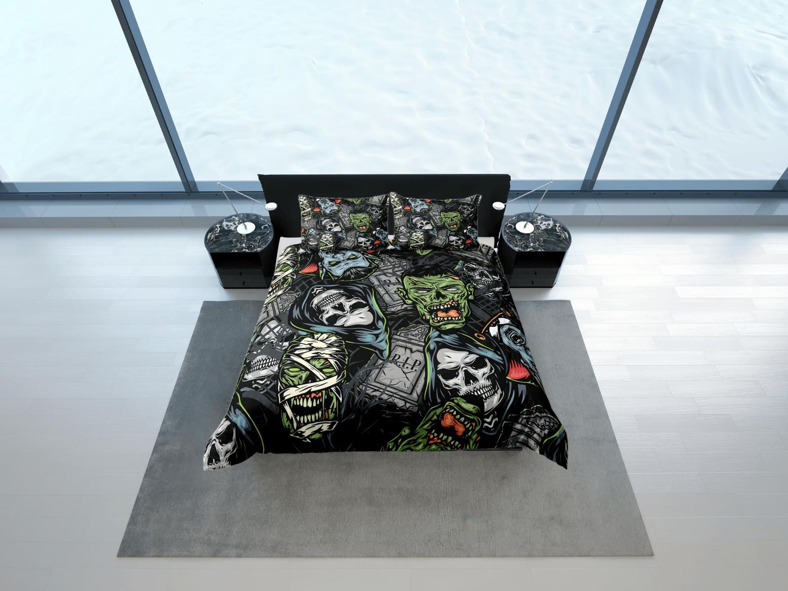 Gory horror zombie and skull faces halloween bedding & pillowcase, duvet cover, dorm bedding, goth decor toddler bedding,…