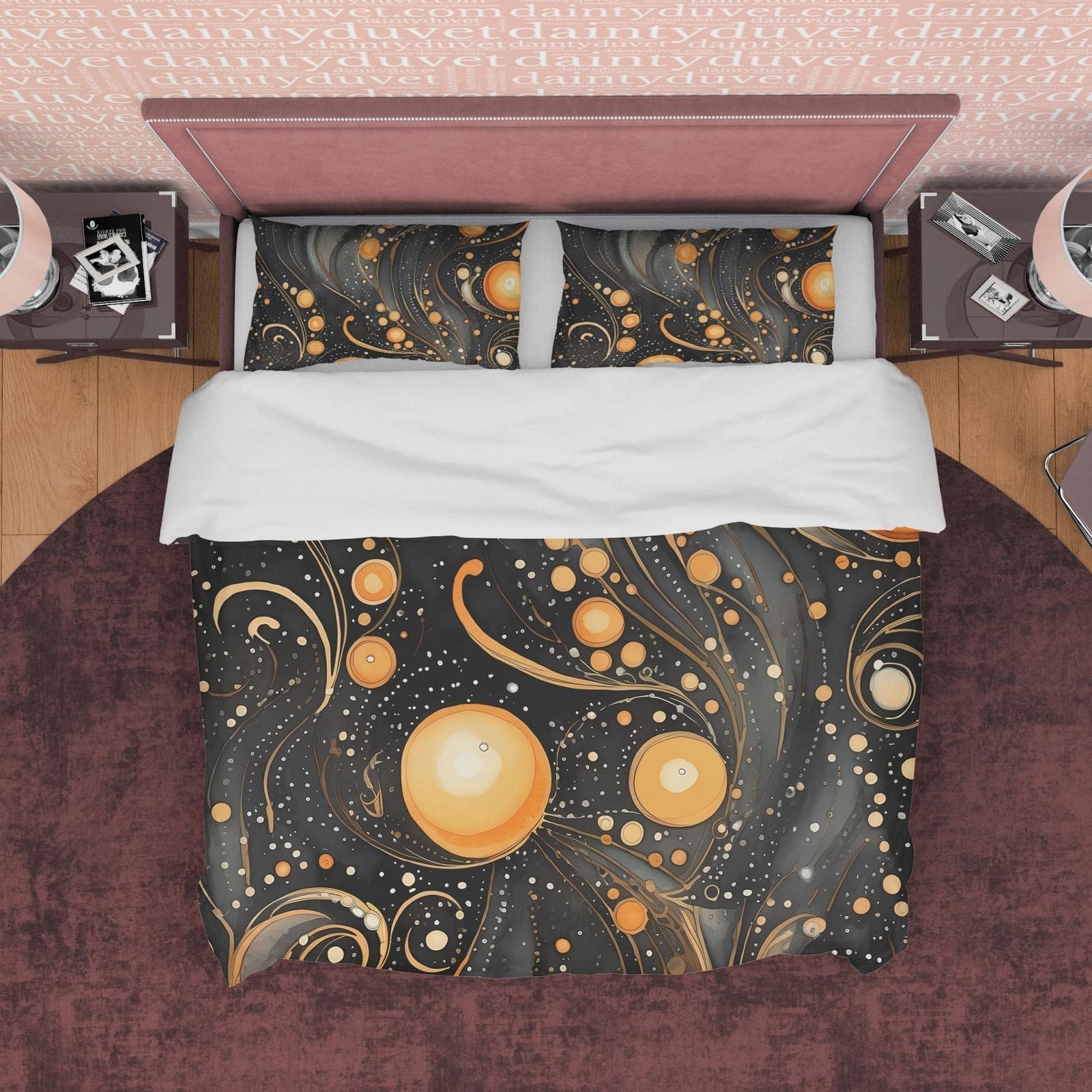 Goth Mystical Black Duvet Cover Set Orange Orbs, Aesthetic Bedding Quilt Cover Pillowcase, Halloween Room Decor, Black and…