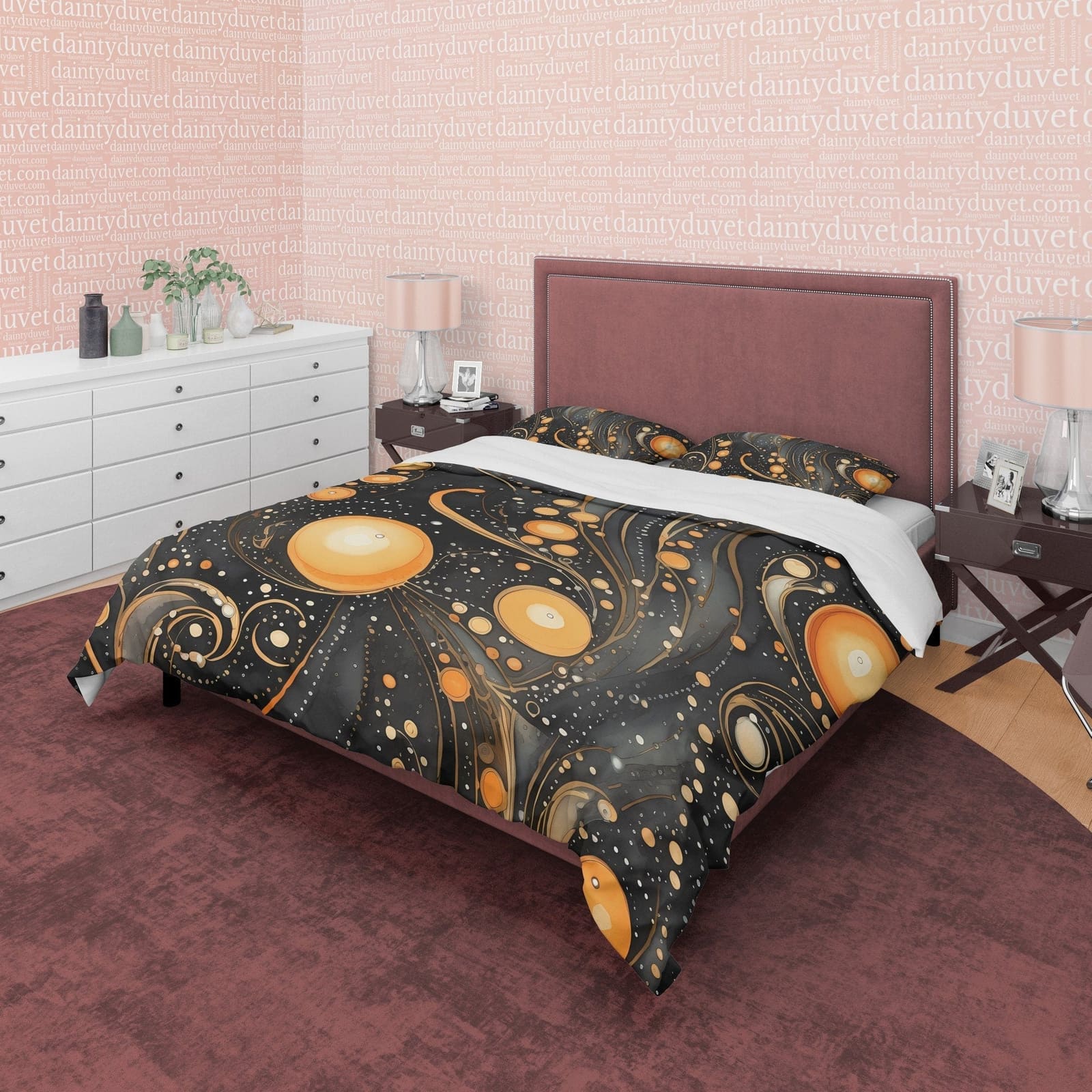 Goth Mystical Black Duvet Cover Set Orange Orbs, Aesthetic Bedding Quilt Cover Pillowcase, Halloween Room Decor, Black and…