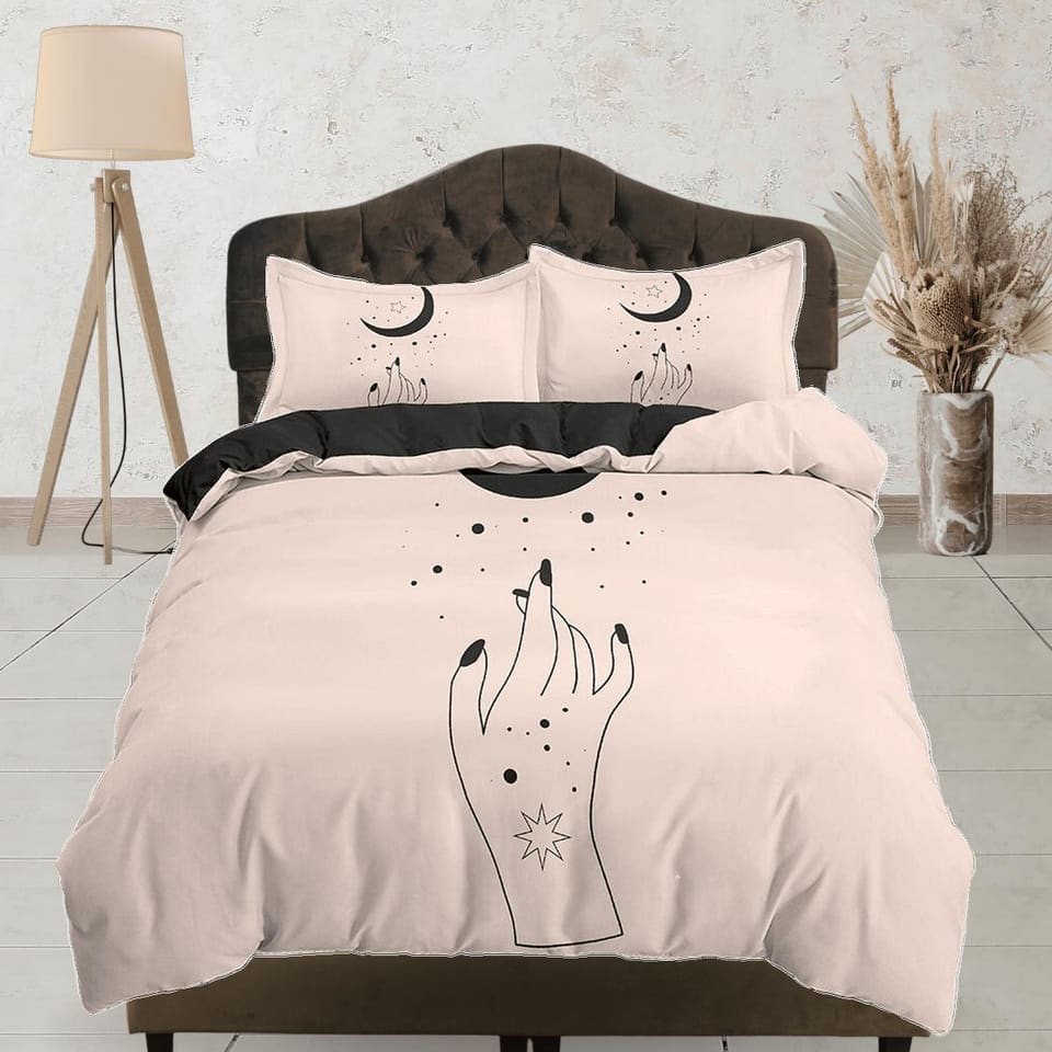 Gothic Beige Bedding, Witchy Dorm Bedding, Celestial Duvet Cover Black Crescent Moon Aesthetic Boho Duvet King Queen Full…