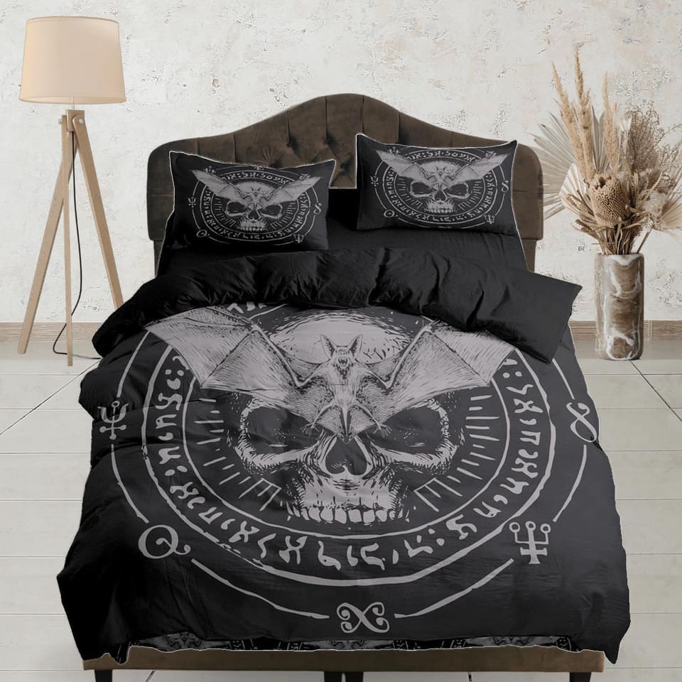 Gothic skull and bat halloween full size bedding & pillowcase, black duvet cover set dorm bedding, nursery toddler bedding…