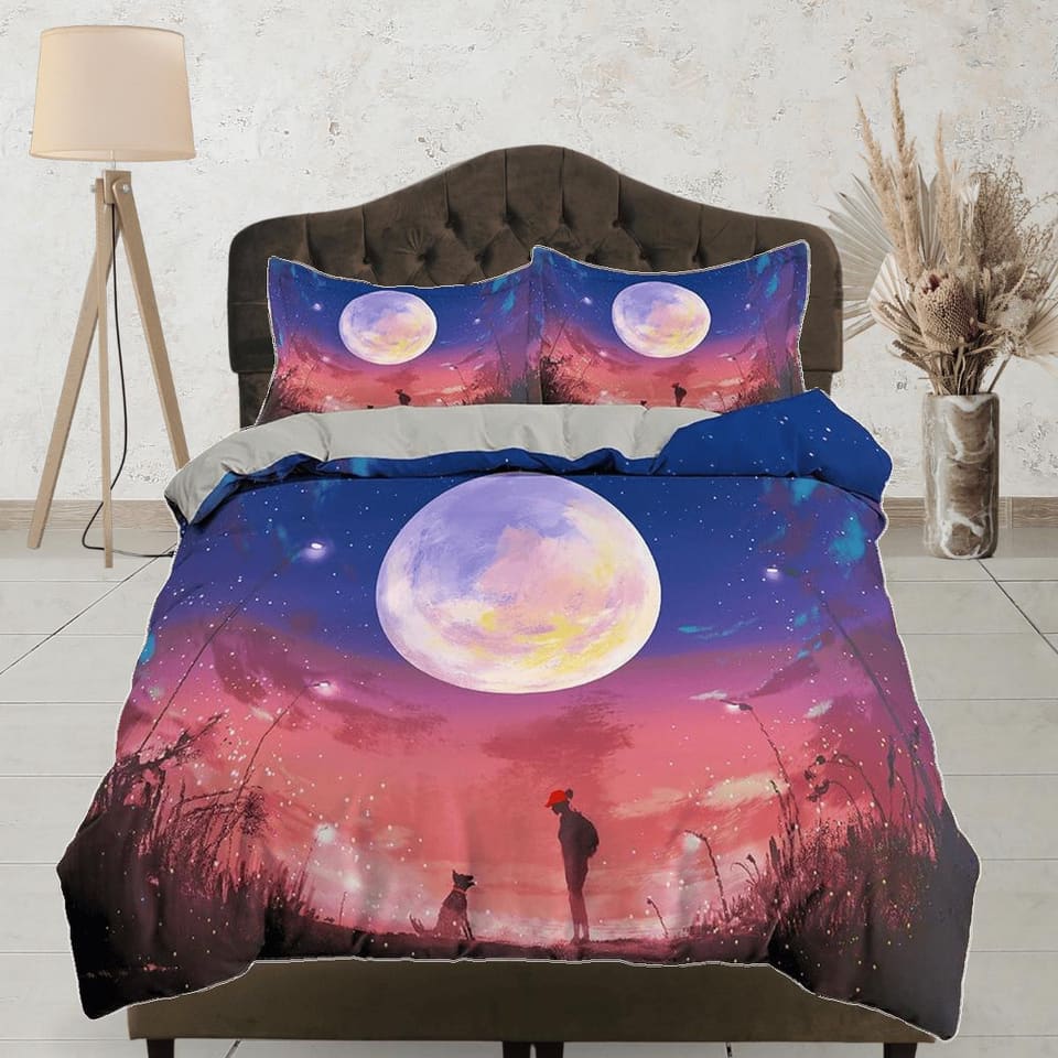 Gradient sky full moon duvet cover set galaxy bedding, space bedding set full, duvet cover king, queen, dorm bedding, todd…