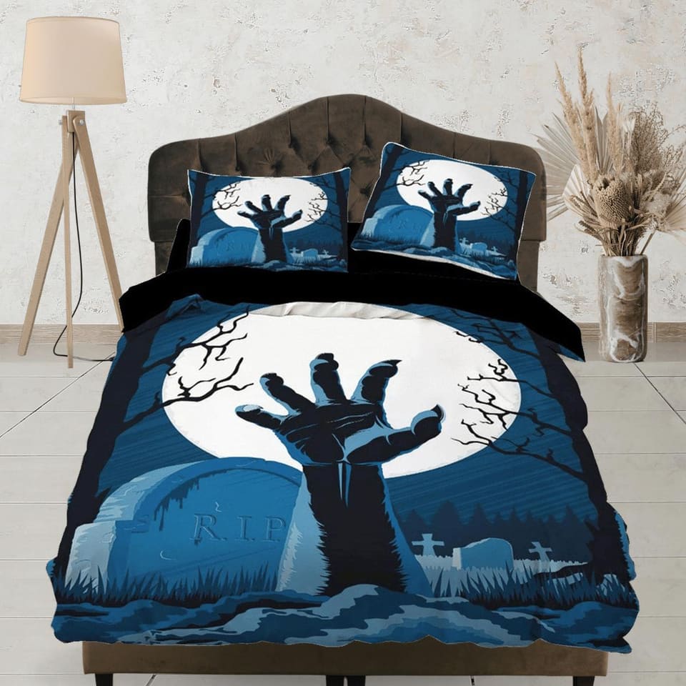 Graveyard zombie awakening hands halloween full size bedding & pillowcase, duvet cover set dorm bedding, toddler bedding,…