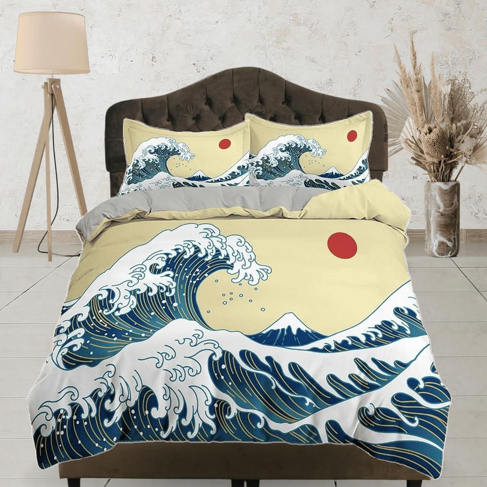 Great Wave Bedding, Hippie Bedding, Japanese Duvet Cover Set, Hokusai Art, Aesthetic Yellow Duvet Cover King Queen Full Tw…