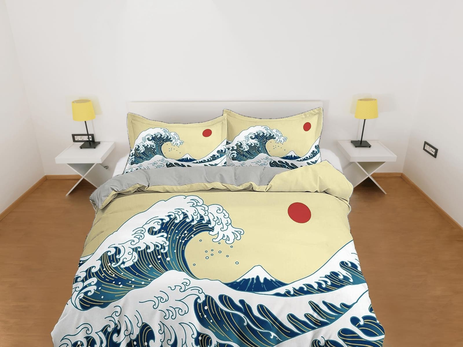 Great Wave Bedding, Hippie Bedding, Japanese Duvet Cover Set, Hokusai Art, Aesthetic Yellow Duvet Cover King Queen Full Tw…