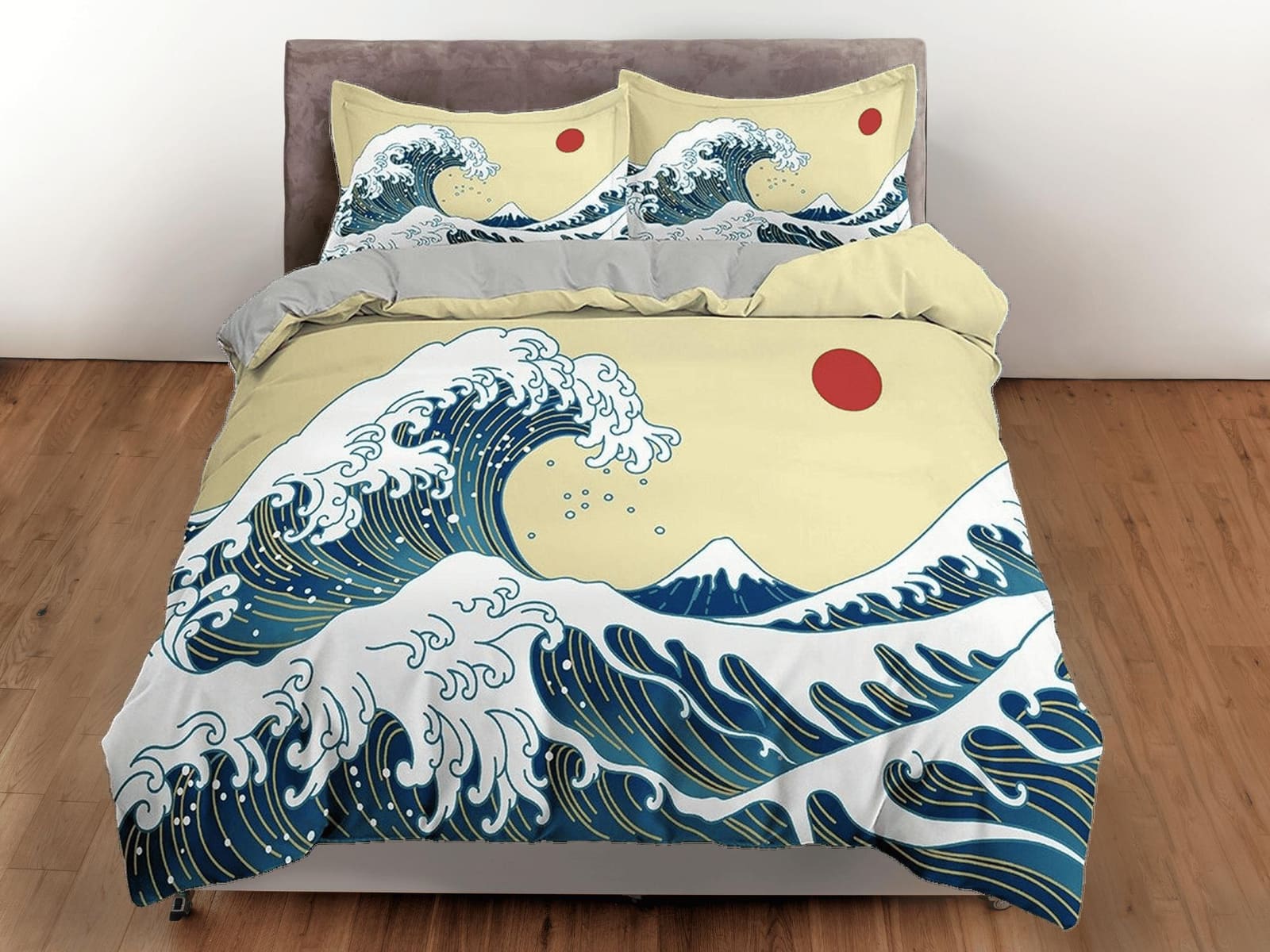 Great Wave Bedding, Hippie Bedding, Japanese Duvet Cover Set, Hokusai Art, Aesthetic Yellow Duvet Cover King Queen Full Tw…