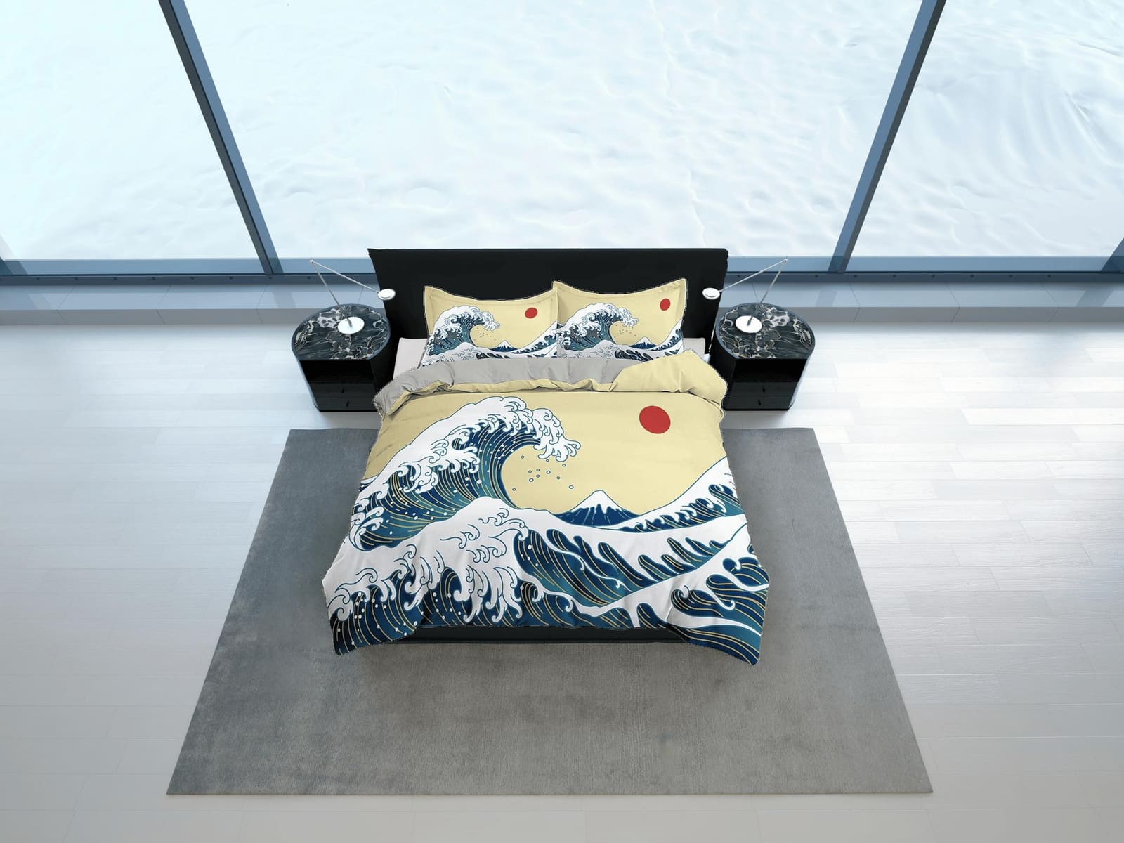 Great Wave Bedding, Hippie Bedding, Japanese Duvet Cover Set, Hokusai Art, Aesthetic Yellow Duvet Cover King Queen Full Tw…