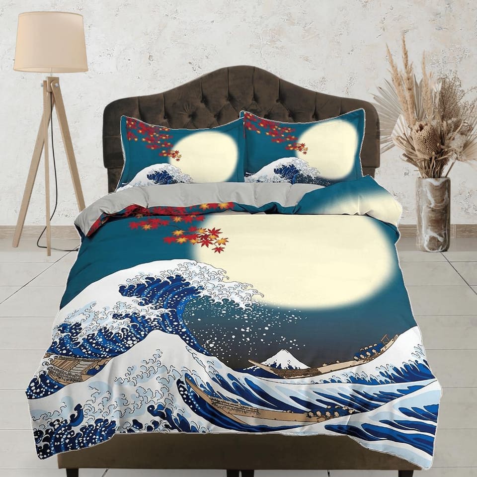 Great Wave Bedding, Japanese Bedding, Autumn Oriental Design Bed Coverlet, Aesthetic Blue Duvet Cover King Queen Full Twin…