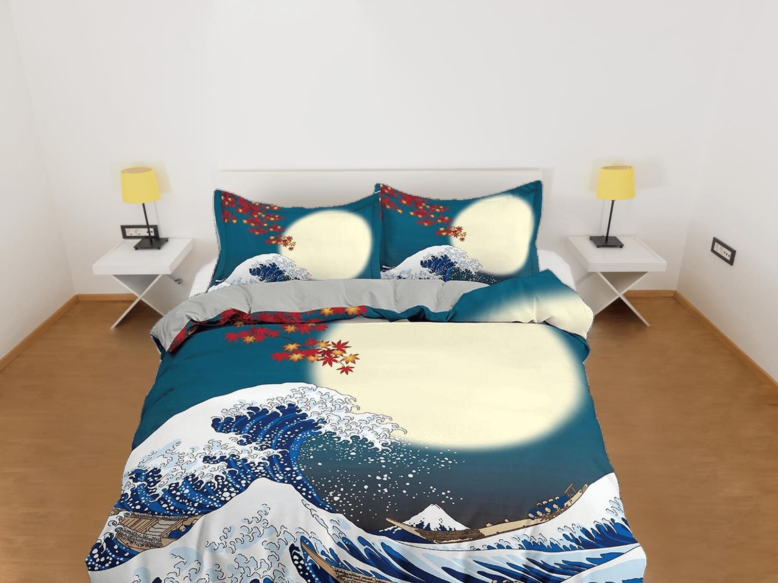Great Wave Bedding, Japanese Bedding, Autumn Oriental Design Bed Coverlet, Aesthetic Blue Duvet Cover King Queen Full Twin…