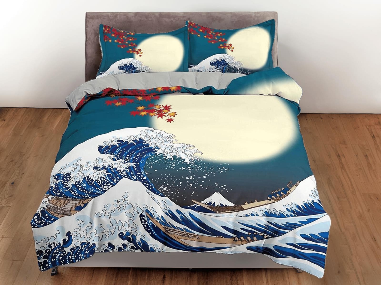 Great Wave Bedding, Japanese Bedding, Autumn Oriental Design Bed Coverlet, Aesthetic Blue Duvet Cover King Queen Full Twin…