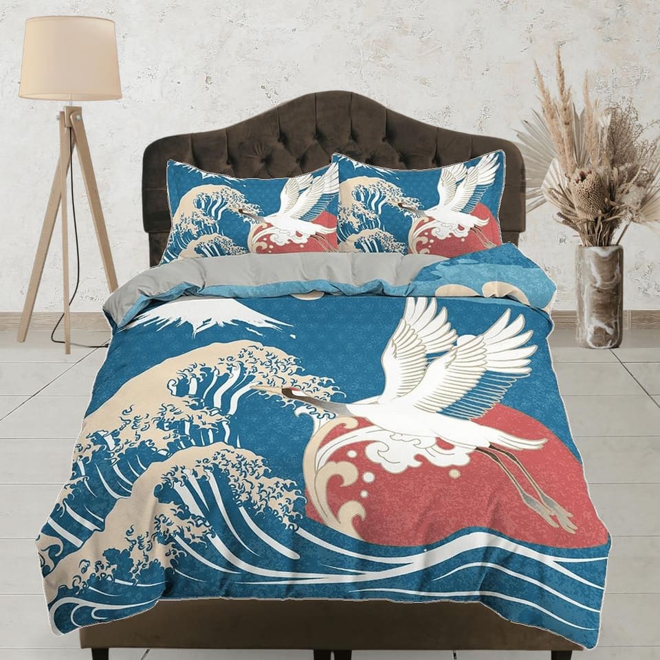Great Wave Bedding, Japanese Bedding, Crane Bird Oriental Design Bed Coverlet, Aesthetic Blue Duvet Cover King Queen Full…