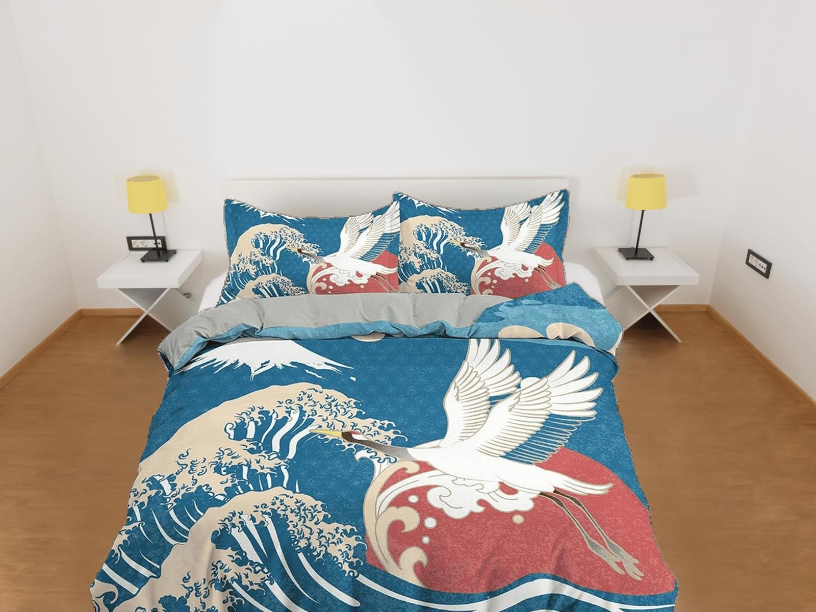 Great Wave Bedding, Japanese Bedding, Crane Bird Oriental Design Bed Coverlet, Aesthetic Blue Duvet Cover King Queen Full…