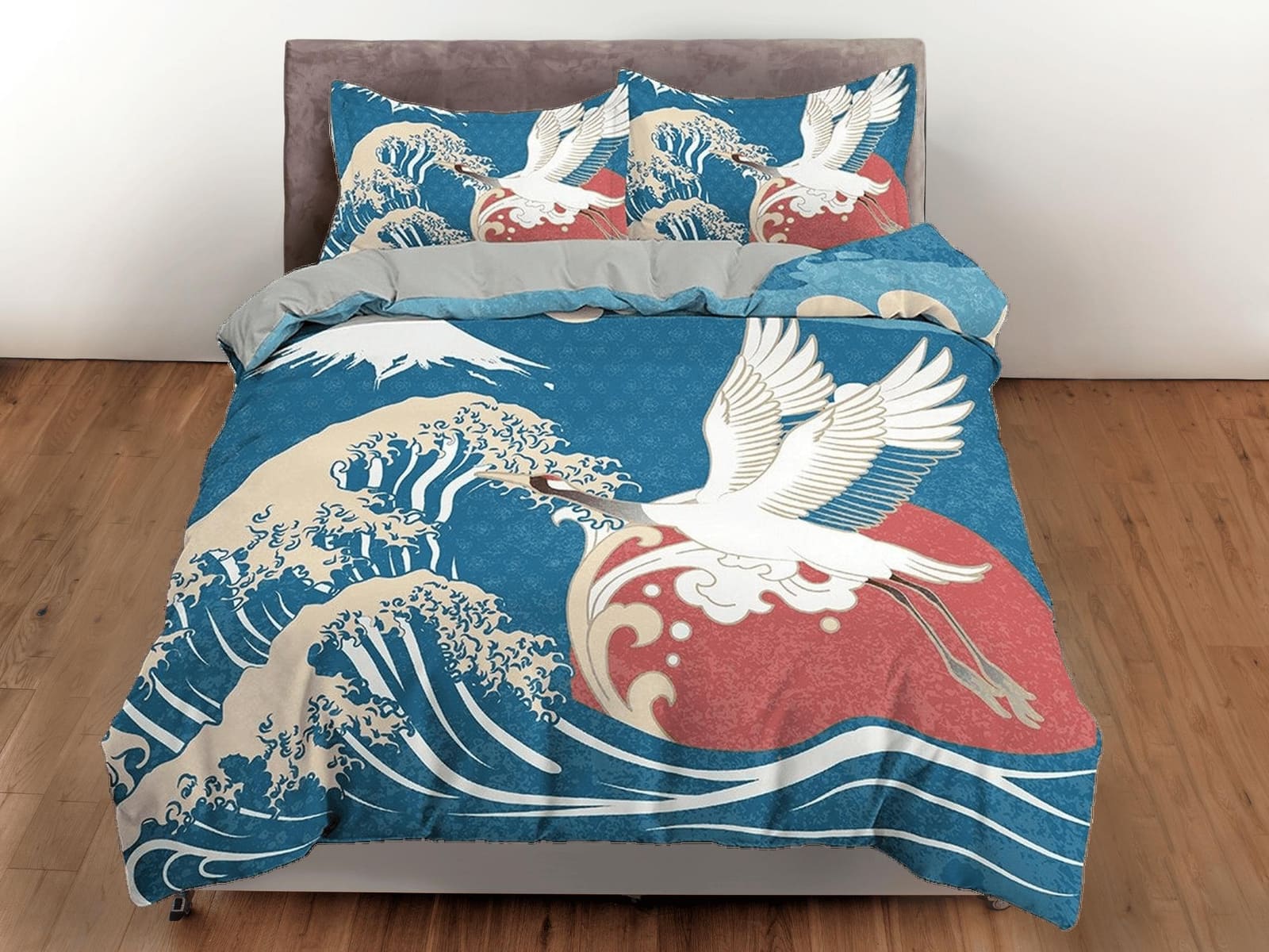 Great Wave Bedding, Japanese Bedding, Crane Bird Oriental Design Bed Coverlet, Aesthetic Blue Duvet Cover King Queen Full…