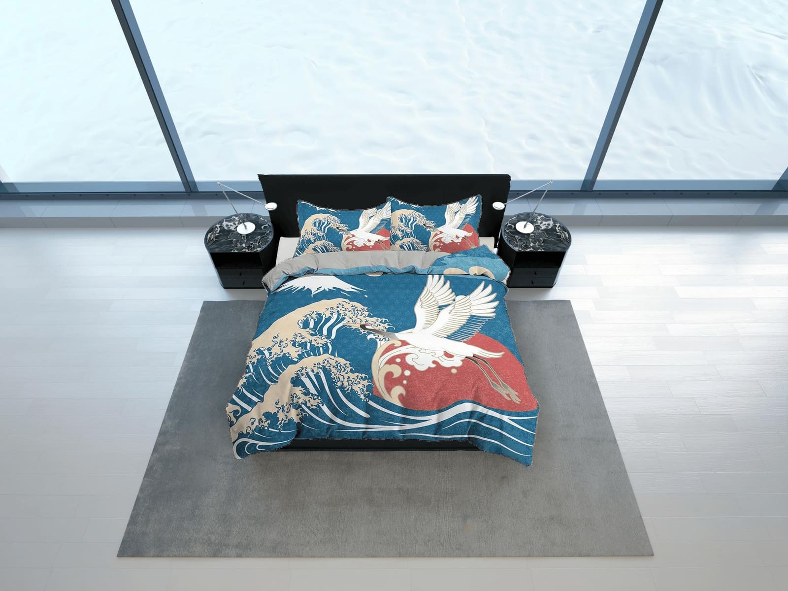 Great Wave Bedding, Japanese Bedding, Crane Bird Oriental Design Bed Coverlet, Aesthetic Blue Duvet Cover King Queen Full…