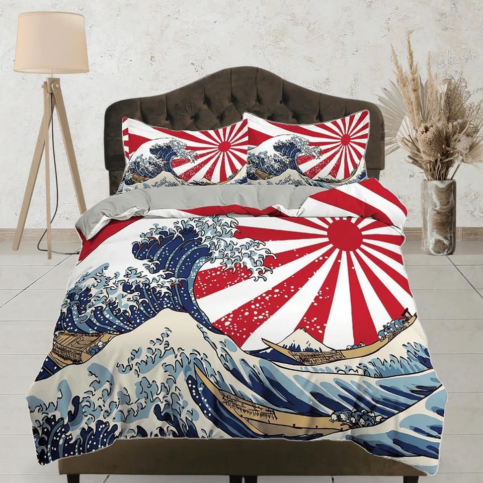 Great Wave Bedding, Japanese Bedding, Japan Old Flag, Oriental Bed Coverlet, Aesthetic Red Duvet Cover King Queen Full Twi…