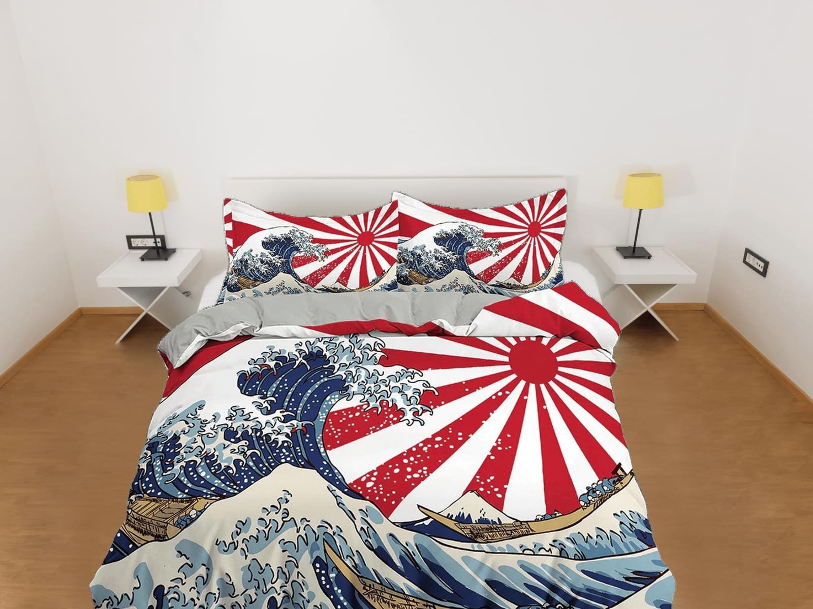 Great Wave Bedding, Japanese Bedding, Japan Old Flag, Oriental Bed Coverlet, Aesthetic Red Duvet Cover King Queen Full Twi…