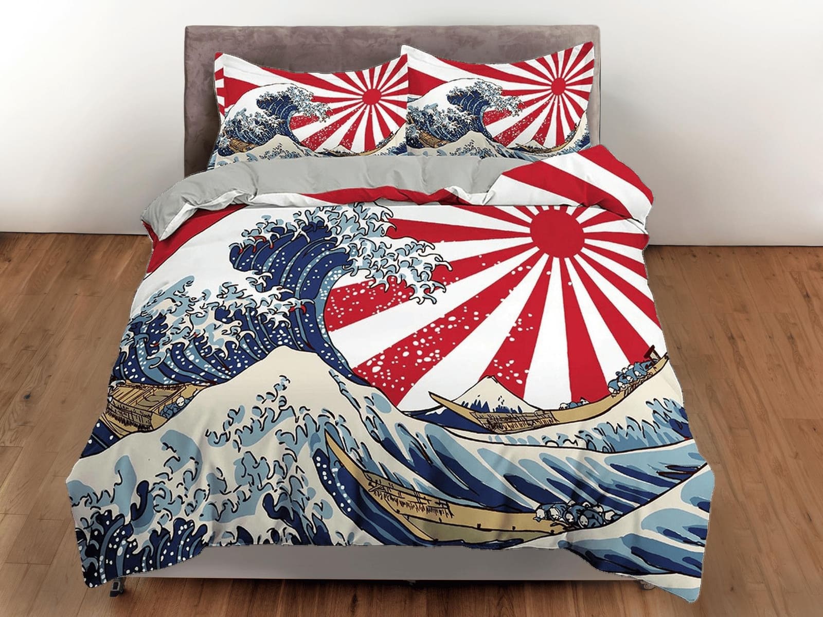 Great Wave Bedding, Japanese Bedding, Japan Old Flag, Oriental Bed Coverlet, Aesthetic Red Duvet Cover King Queen Full Twi…
