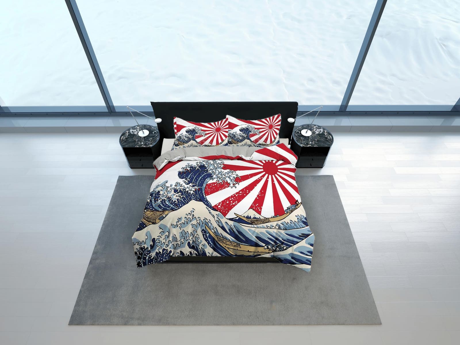 Great Wave Bedding, Japanese Bedding, Japan Old Flag, Oriental Bed Coverlet, Aesthetic Red Duvet Cover King Queen Full Twi…