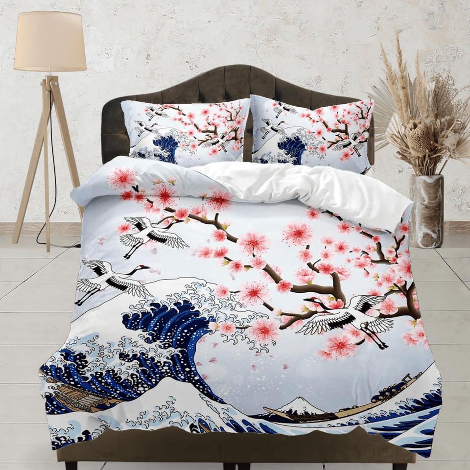 Great wave off kanagawa oriental bedding, cherry blossoms and ocean waves on japanese duvet cover set for king, queen, ful…