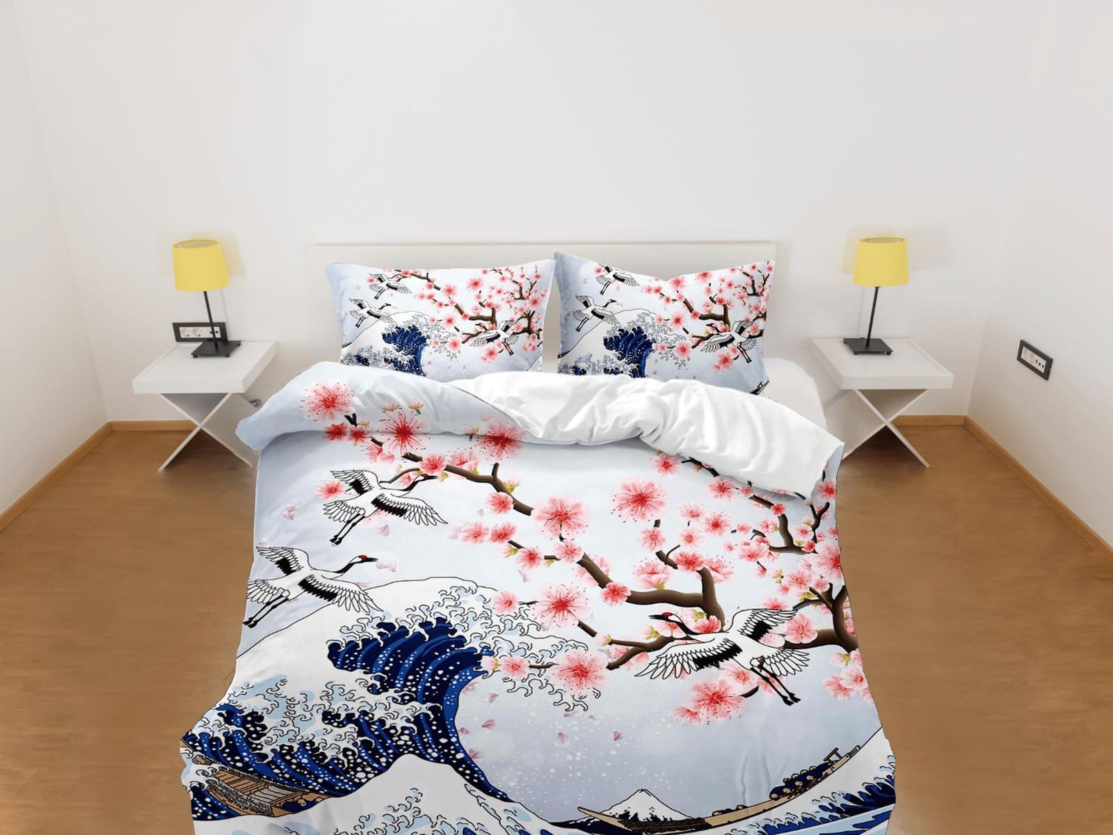Great wave off kanagawa oriental bedding, cherry blossoms and ocean waves on japanese duvet cover set for king, queen, ful…