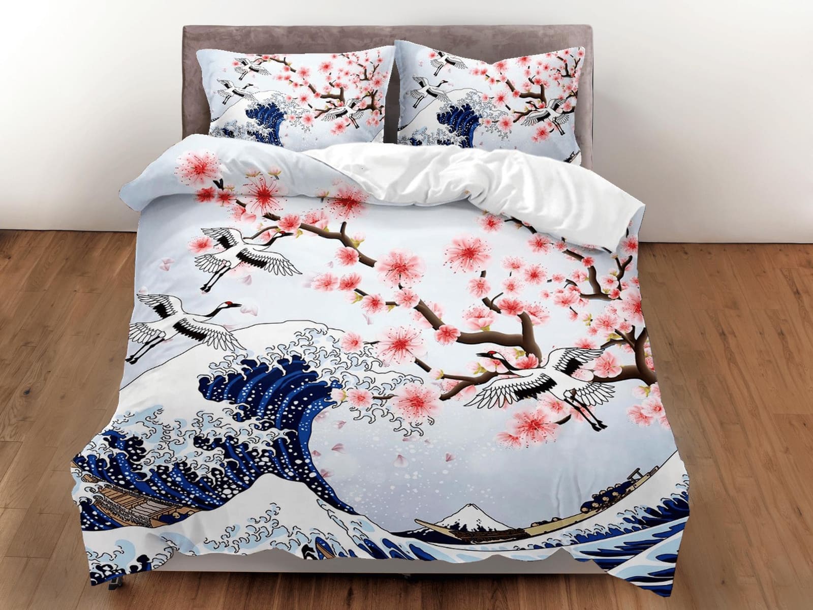 Great wave off kanagawa oriental bedding, cherry blossoms and ocean waves on japanese duvet cover set for king, queen, ful…