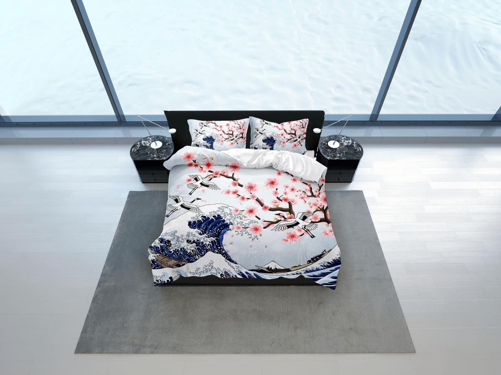 Great wave off kanagawa oriental bedding, cherry blossoms and ocean waves on japanese duvet cover set for king, queen, ful…