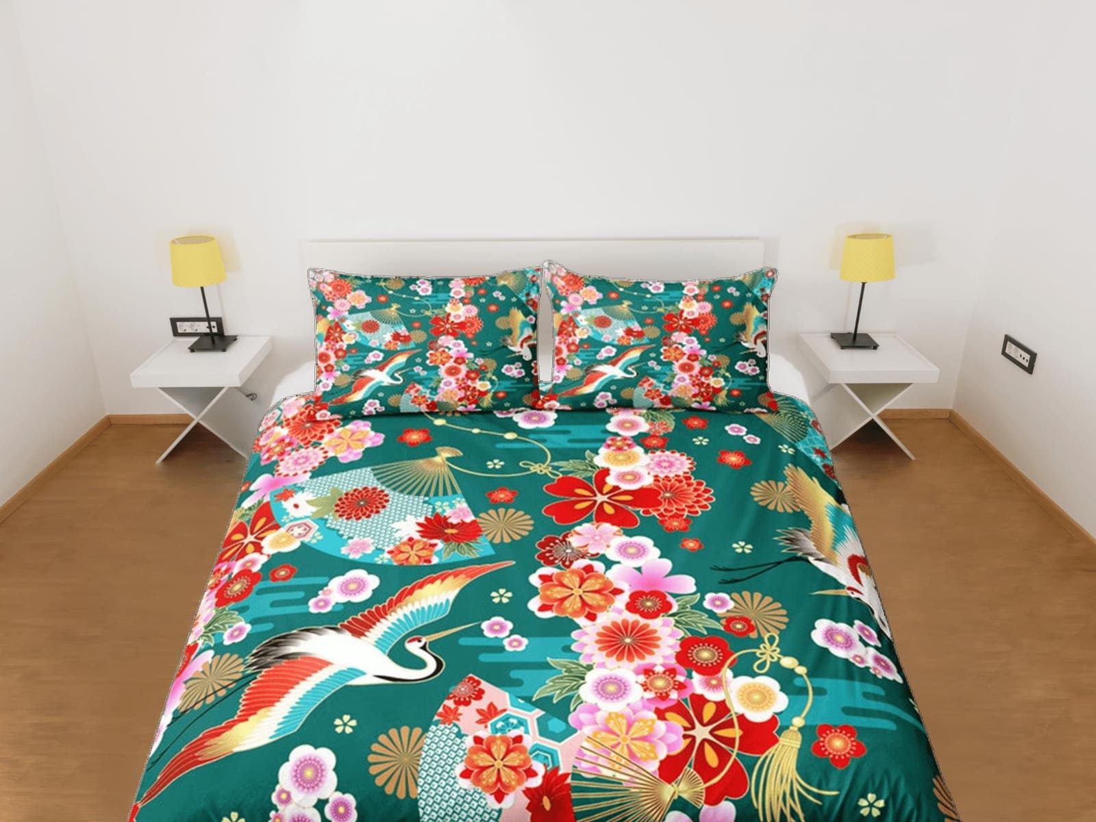Green Bedding Japanese Crane Floral Duvet Cover Set Colorful Bedspread, Dorm Bedding with Pillowcase,