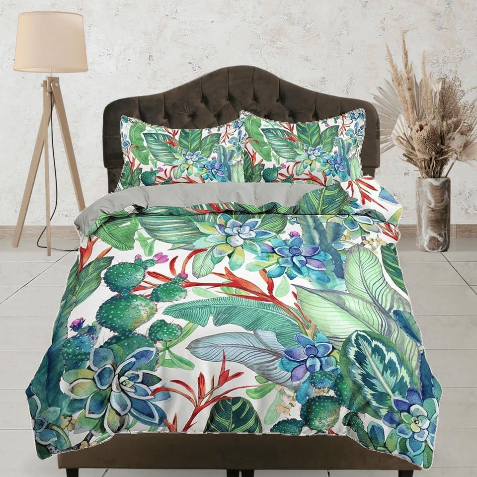 Green bedding succulents duvet cover queen, king, boho duvet, designer bedding, aesthetic bedding, maximalist full size be…